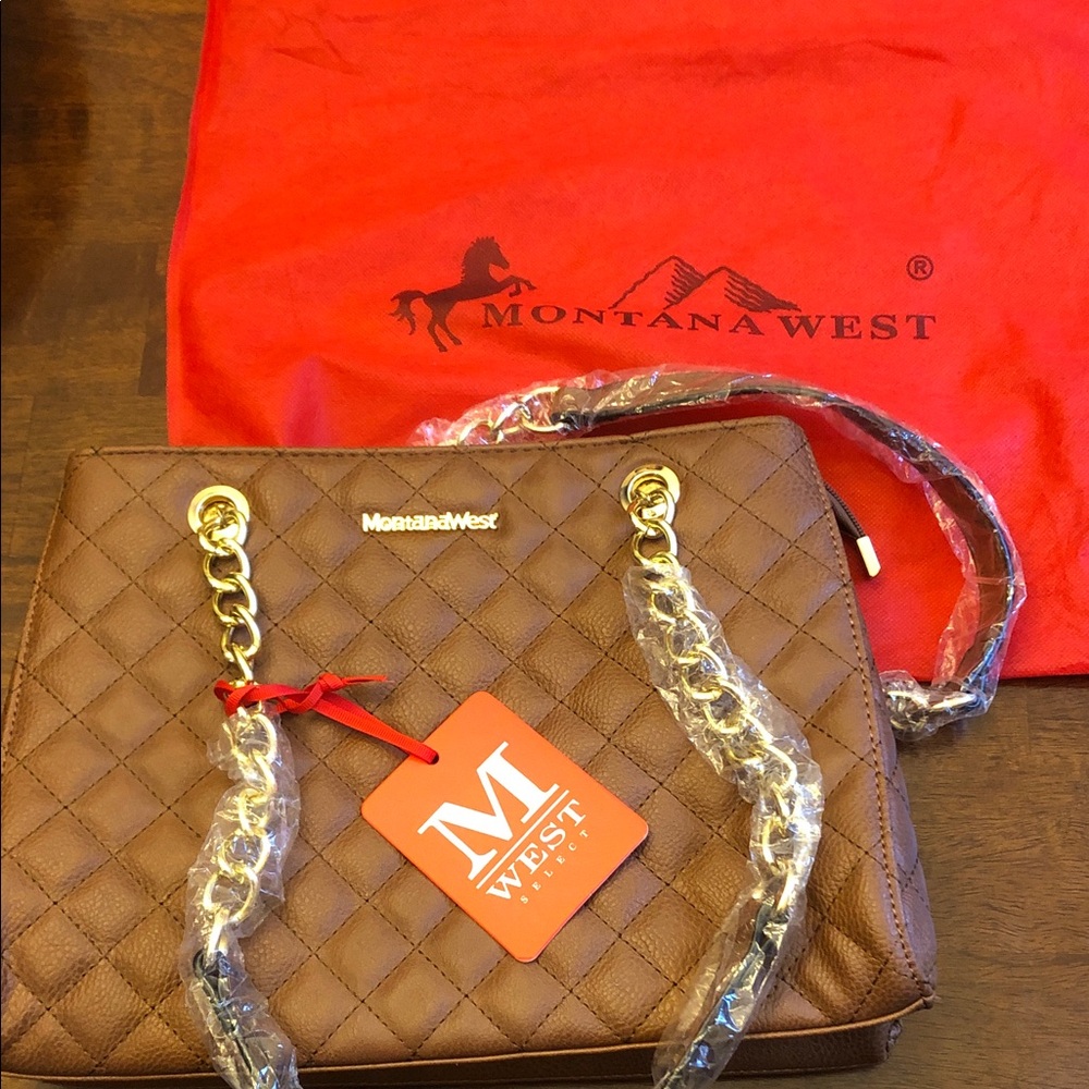 NWT Montana West Quilted Brown Shoulder Bag with Gold Chain